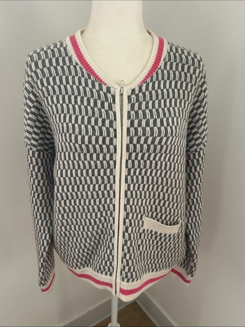 Zacket & Plover Gray and Cream Knit Zip-Front Cardigan with Pink Trim Sz M/L